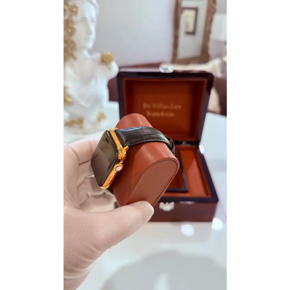 Custom 24K Gold 45mm Apple Watch Stainless Steel Series 9 Alligator Leather Band Deployment Buckle