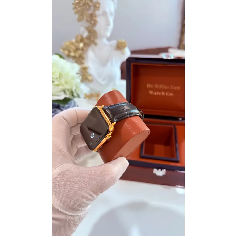 Custom 24K Gold 45mm Apple Watch Stainless Steel Series 9 Alligator Leather Band Deployment Buckle