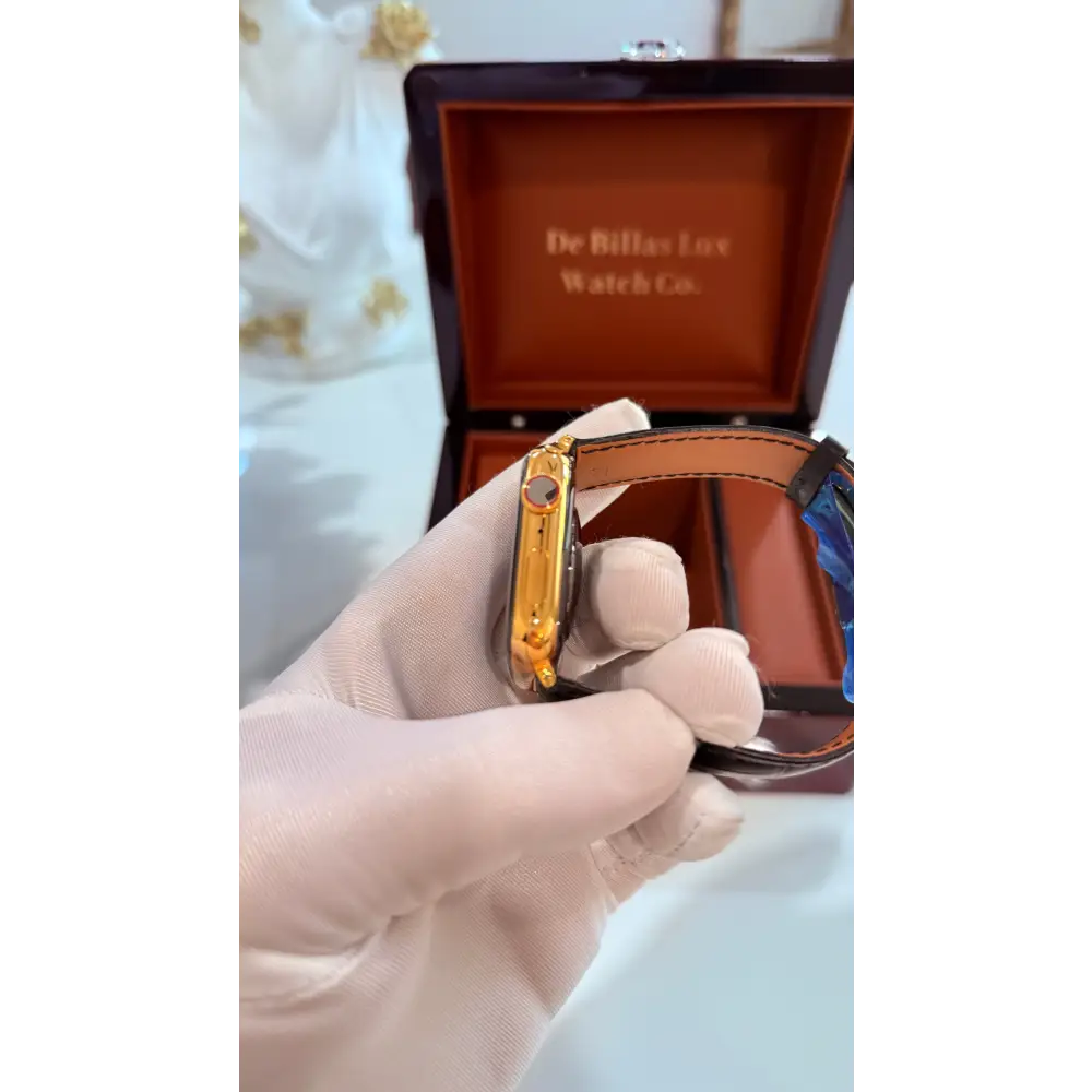 Custom 24K Gold 45mm Apple Watch Stainless Steel Series 9 Alligator Leather Band Deployment Buckle