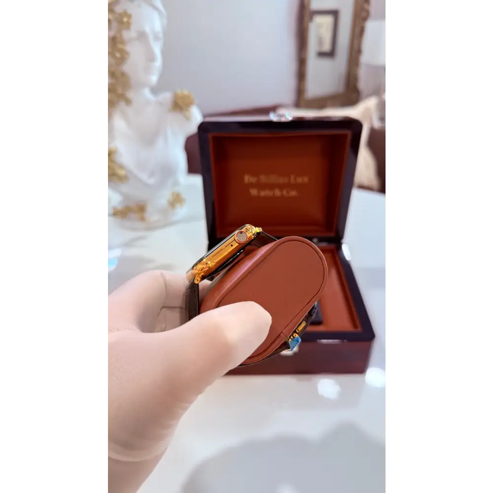 Custom 24K Gold 45mm Apple Watch Stainless Steel Series 9 Alligator Leather Band Deployment Buckle