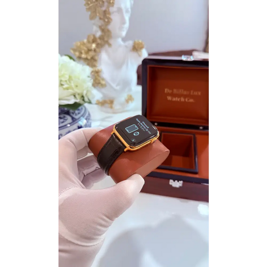 Custom 24K Gold 45mm Apple Watch Stainless Steel Series 9 Alligator Leather Band Deployment Buckle