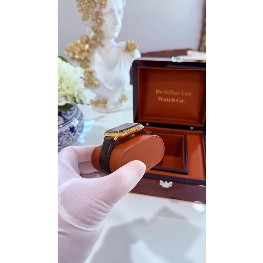 Custom 24K Gold 45mm Apple Watch Stainless Steel Series 9 Alligator Leather Band Deployment Buckle