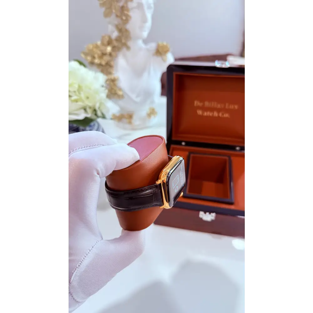 Custom 24K Gold 45mm Apple Watch Stainless Steel Series 9 Alligator Leather Band Deployment Buckle