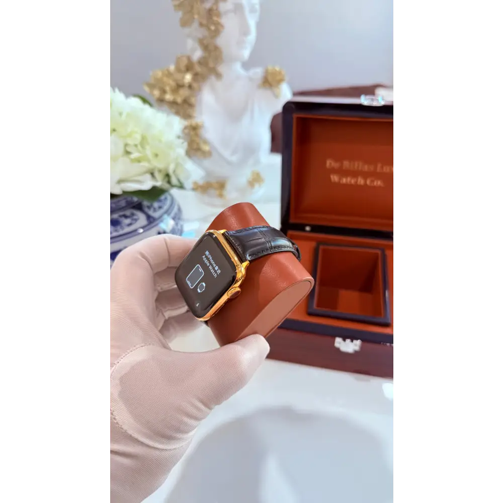 Custom 24K Gold 45mm Apple Watch Stainless Steel Series 9 Alligator Leather Band Deployment Buckle