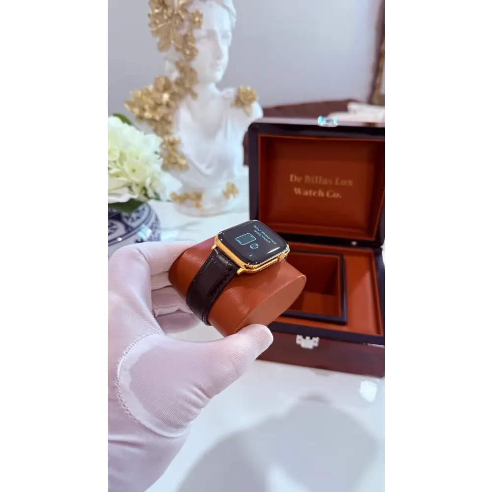 Custom 24K Gold 45mm Apple Watch Stainless Steel Series 9 Alligator Leather Band Deployment Buckle