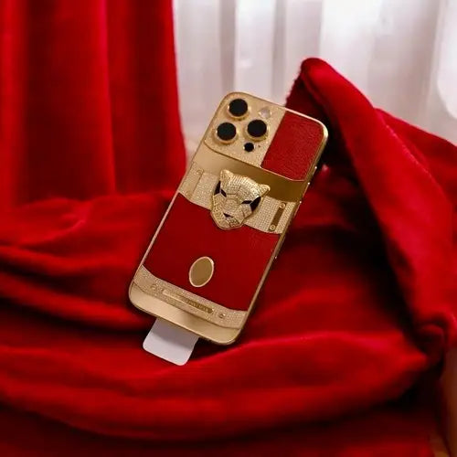 Custom 24k Gold Apple iPhone 16 Pro Max Red PANTHER Leather Emblem 1 TB