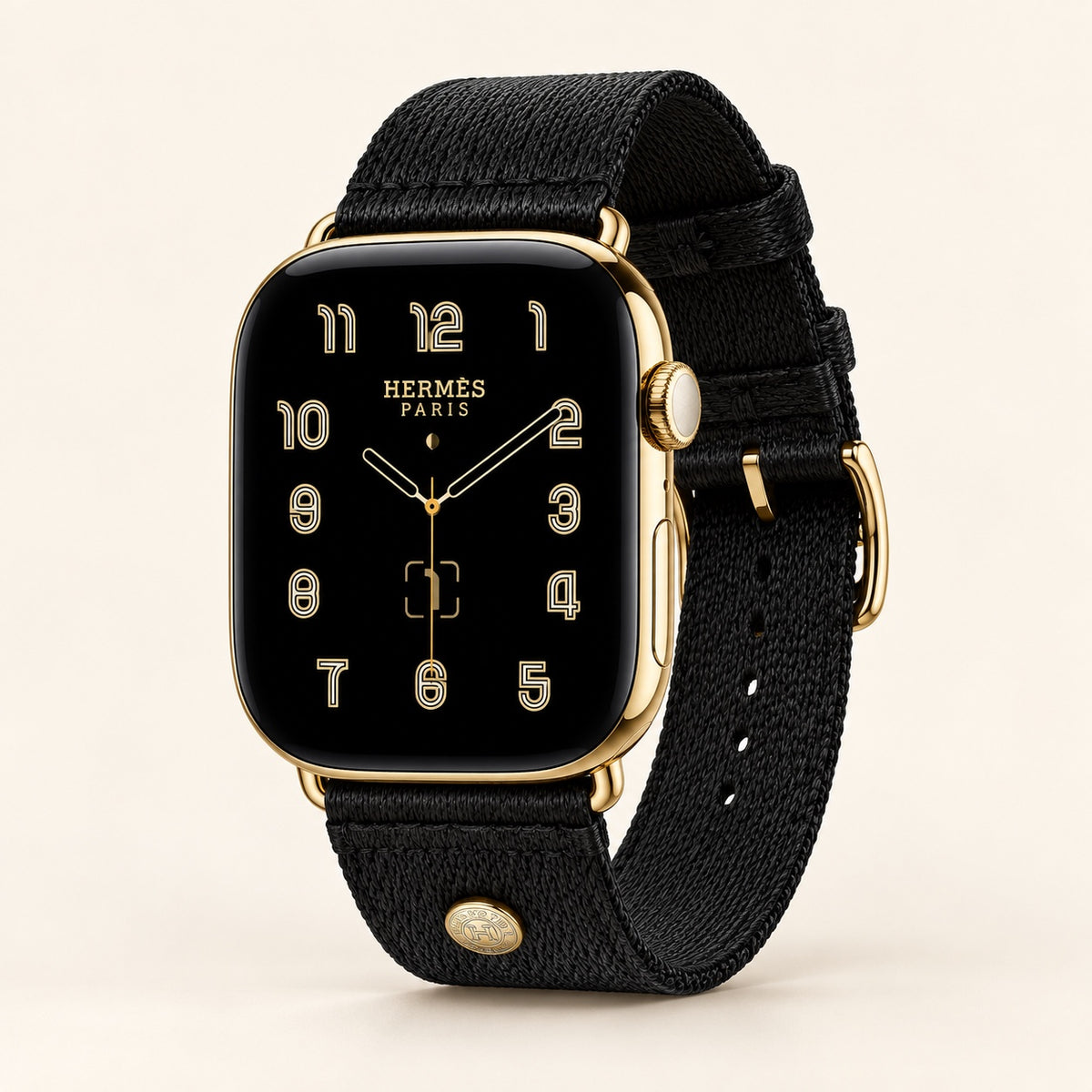 Custom 24K gold Apple Watch Hermès Series 12 46mm with black woven Noir Satin Clou de Selle band