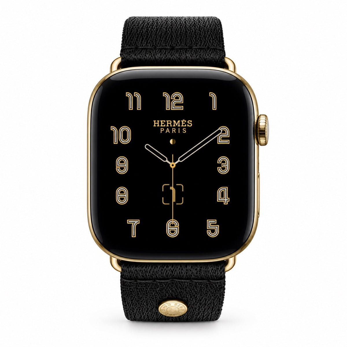 Custom 24K gold Apple Watch Hermès Series 12 46mm with black woven Noir Satin Clou de Selle band