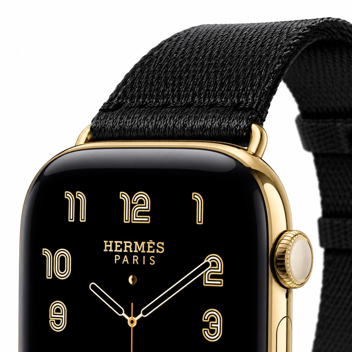 Custom 24K gold Apple Watch Hermès Series 12 46mm with black woven Noir Satin Clou de Selle band