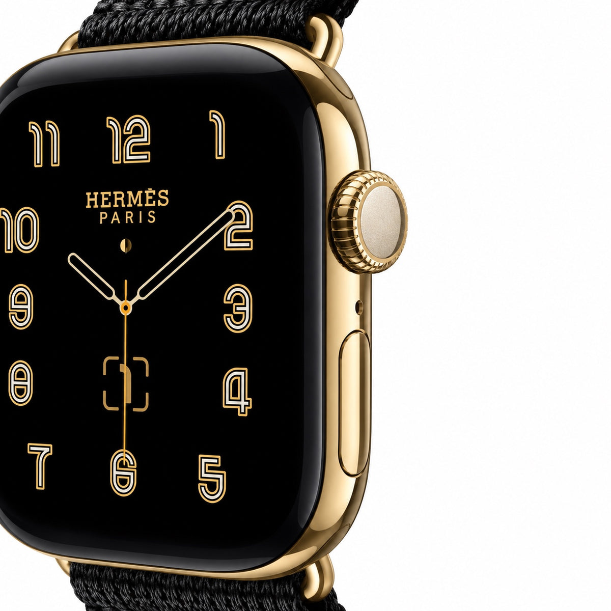Custom 24K gold Apple Watch Hermès Series 12 46mm with black woven Noir Satin Clou de Selle band