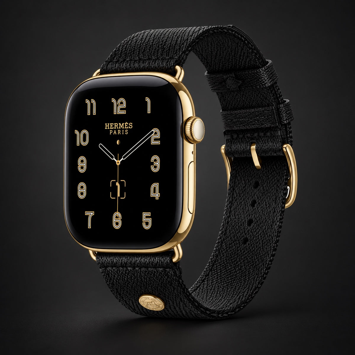 Custom 24K gold Apple Watch Hermès Series 12 46mm with black woven Noir Satin Clou de Selle band