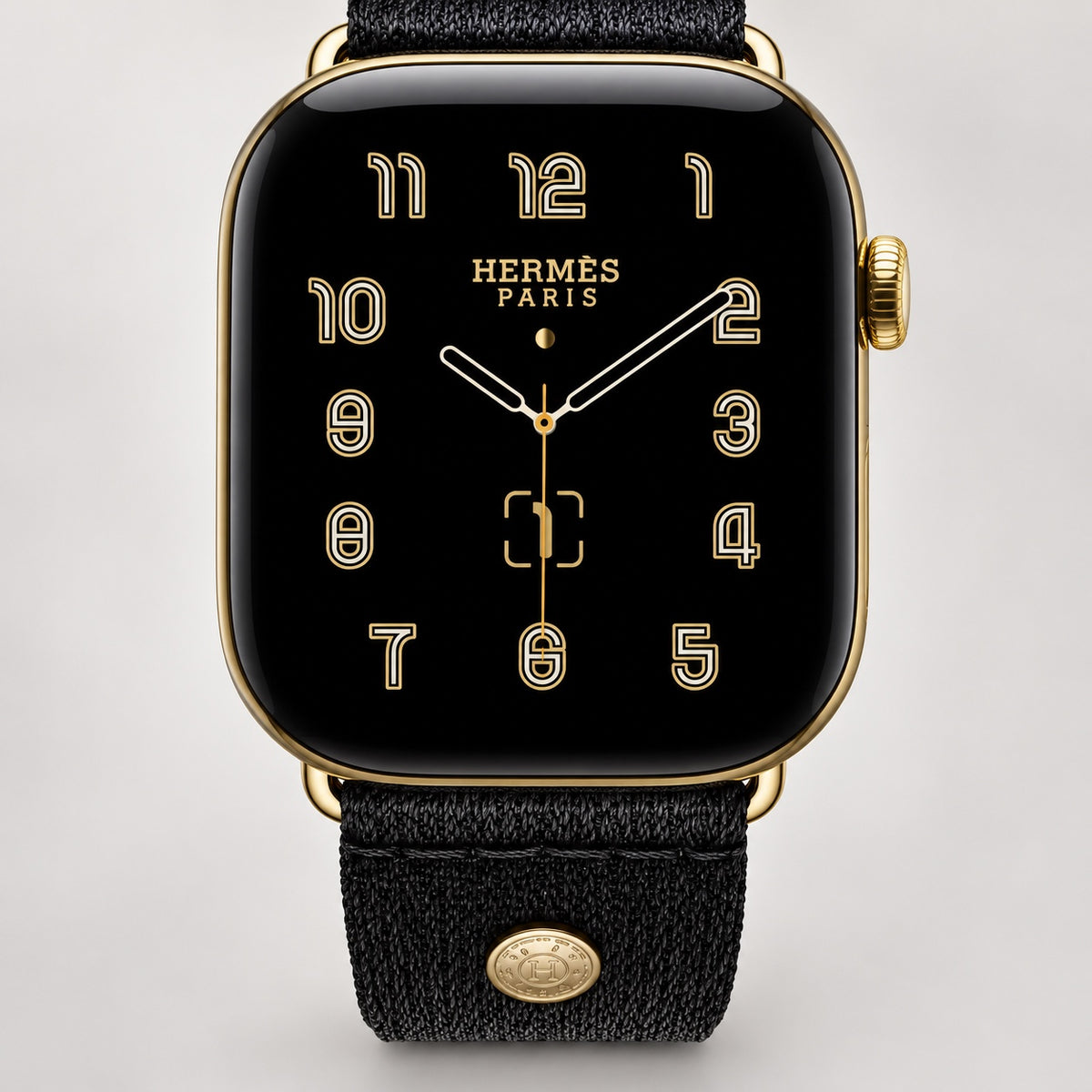 Custom 24K gold Apple Watch Hermès Series 12 46mm with black woven Noir Satin Clou de Selle band