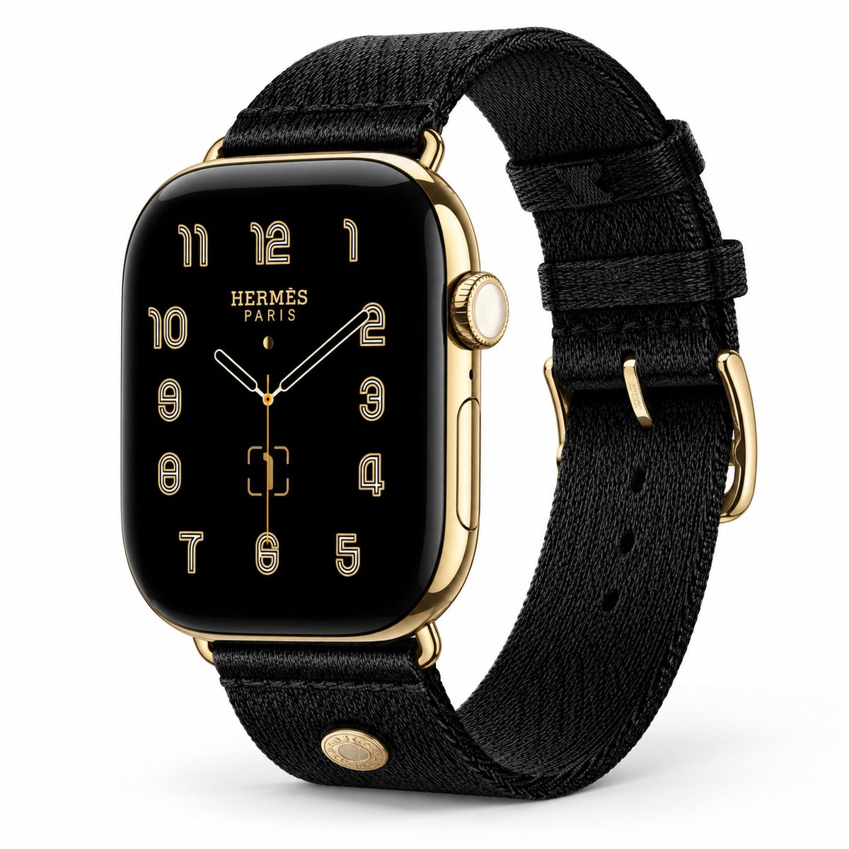 Custom 24K gold Apple Watch Hermès Series 12 46mm with black woven Noir Satin Clou de Selle band