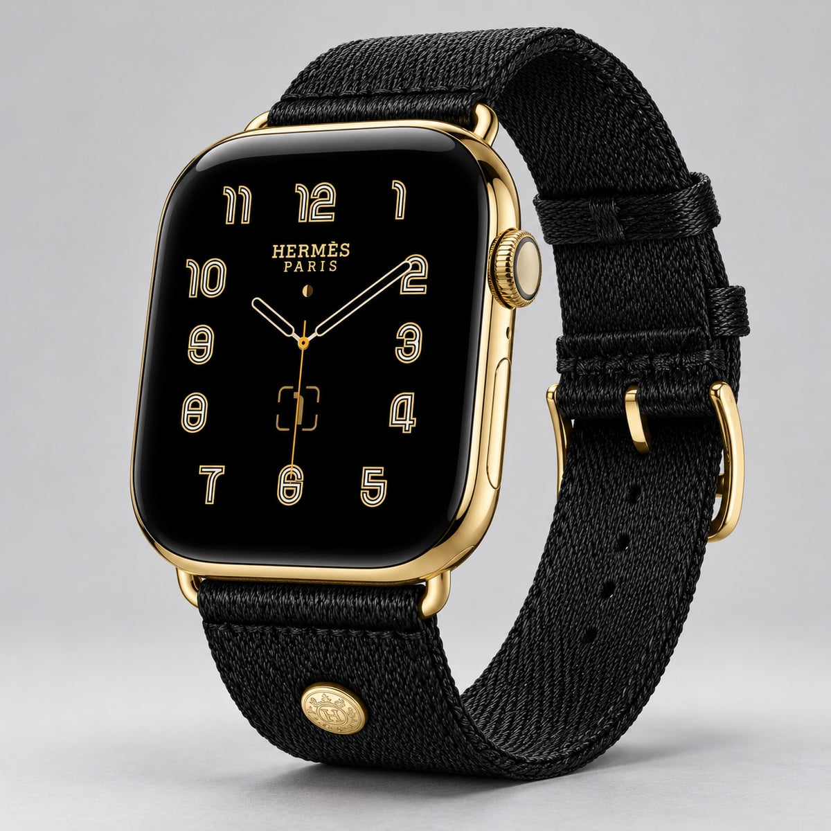 Custom 24K gold Apple Watch Hermès Series 12 46mm with black woven Noir Satin Clou de Selle band