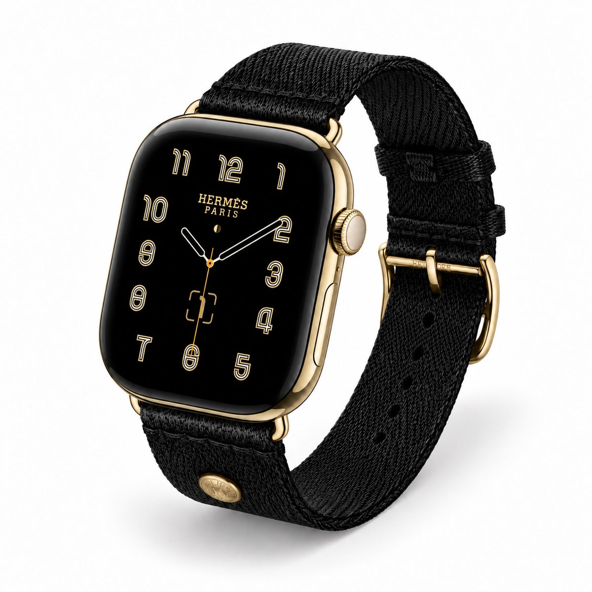 Custom 24K gold Apple Watch Hermès Series 12 with black Noir Satin Clou de Selle band