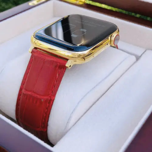 Custom 24K Gold 45mm Apple Watch Series 9 with Red Alligator Leather Band LTE GPS eCompass Always On Screen – Blood Oxygen
