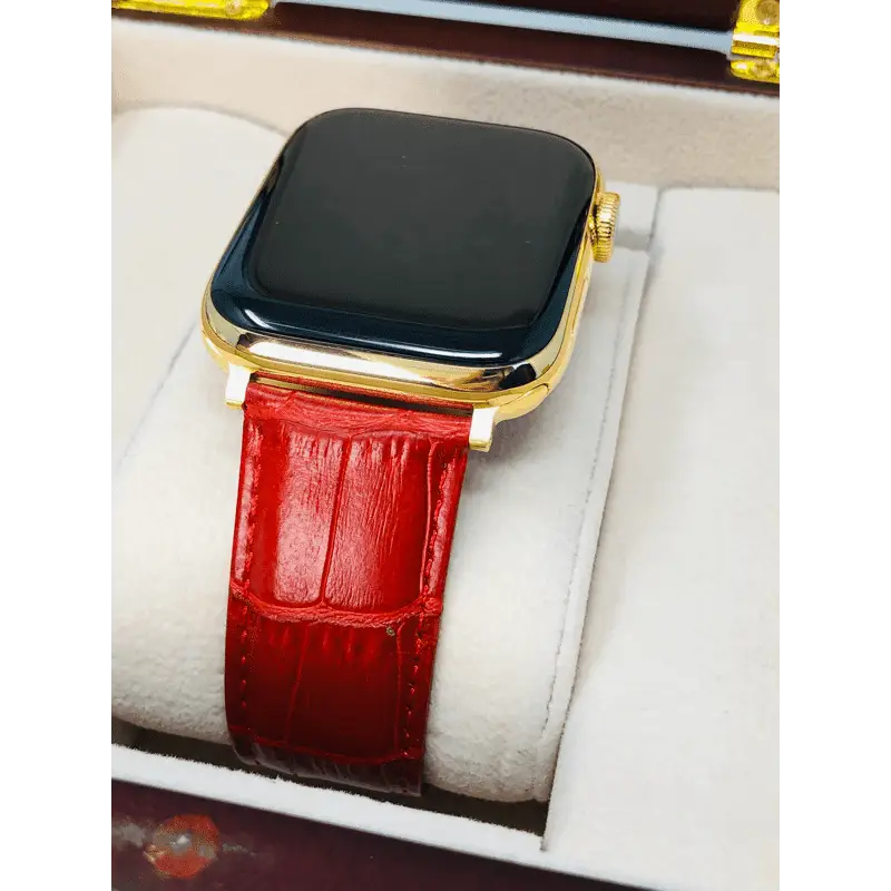 Custom 24K Gold 45mm Apple Watch Series 9 with Red Alligator Leather Band LTE GPS eCompass Always On Screen – Blood Oxygen