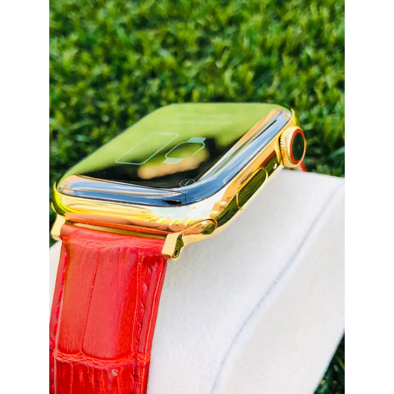 Custom 24K Gold 45mm Apple Watch Series 9 with Red Alligator Leather Band LTE GPS eCompass Always On Screen – Blood Oxygen