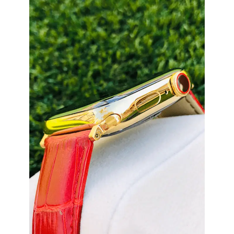 Custom 24K Gold 45mm Apple Watch Series 9 with Red Alligator Leather Band LTE GPS eCompass Always On Screen – Blood Oxygen