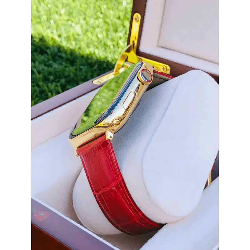 Custom 24K Gold 45mm Apple Watch Series 9 with Red Alligator Leather Band LTE GPS eCompass Always On Screen – Blood Oxygen
