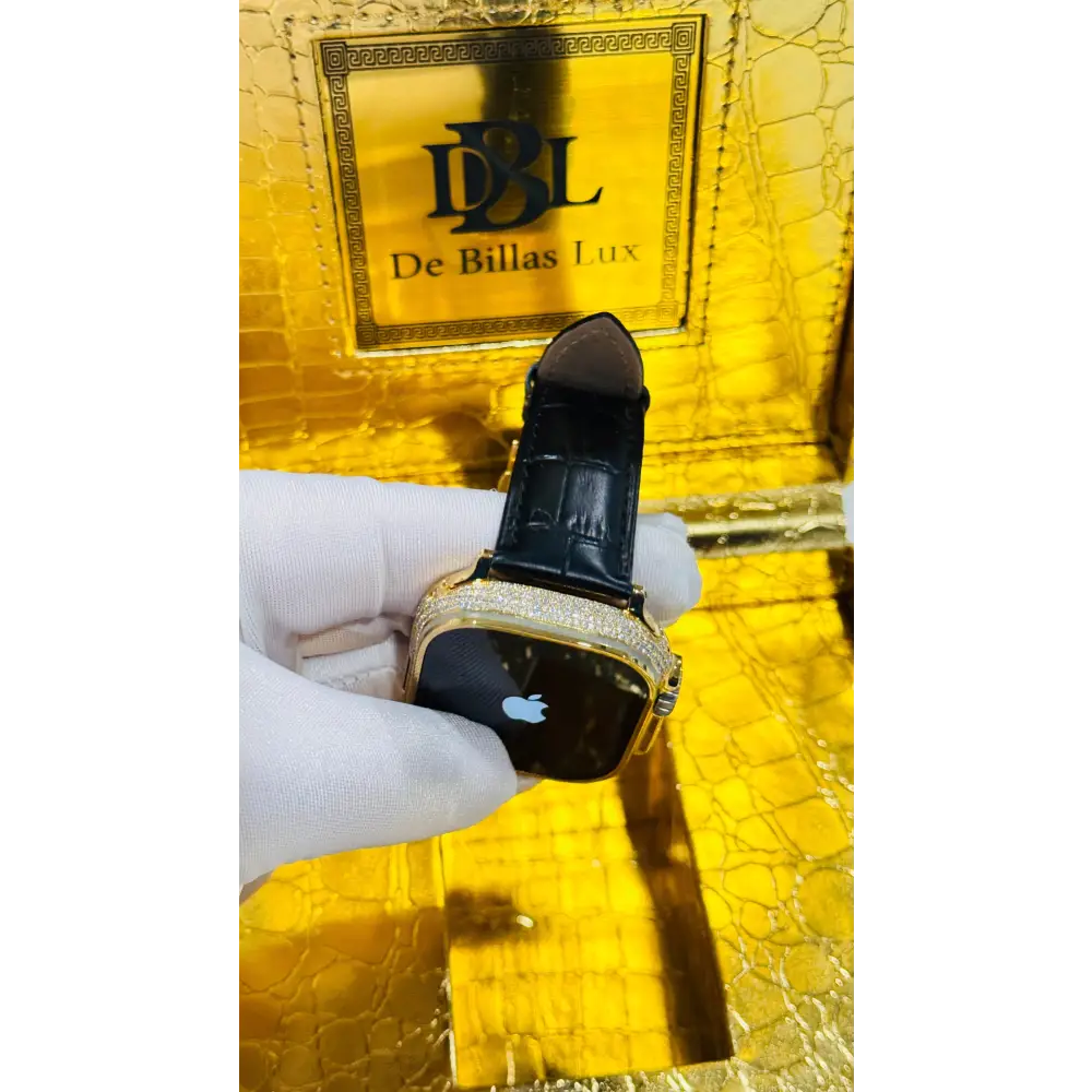 Custom 24K Gold Apple Watch Ultra 2 with Inlaid Diamonds & Black Leather Band – Luxury Gift Box Included