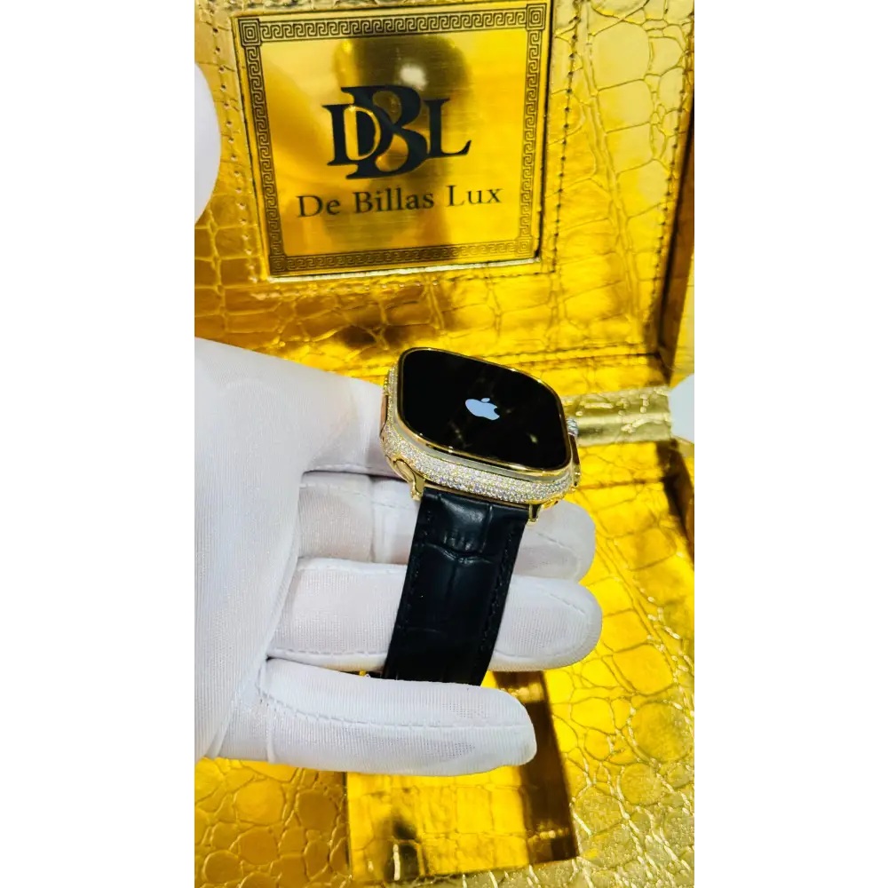 Custom 24K Gold Apple Watch Ultra 2 with Inlaid Diamonds & Black Leather Band – Luxury Gift Box Included
