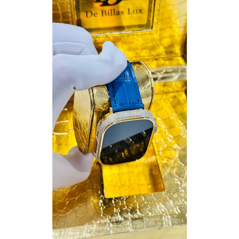 Custom 24K Gold Apple Watch Ultra 2 with Inlaid Diamonds & Blue Leather Band – Luxury Gift Box Included