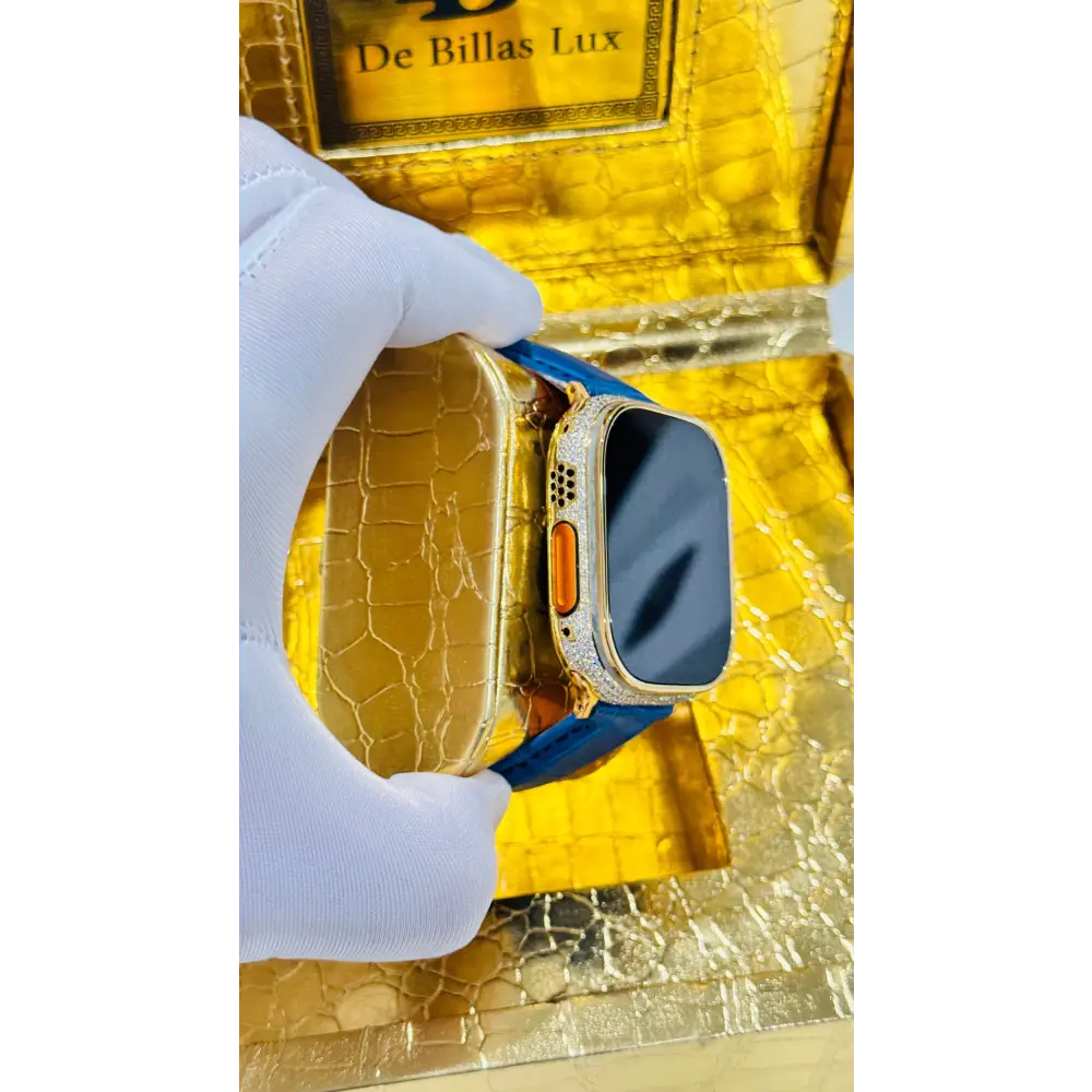 Custom 24K Gold Apple Watch Ultra 2 with Inlaid Diamonds & Blue Leather Band – Luxury Gift Box Included