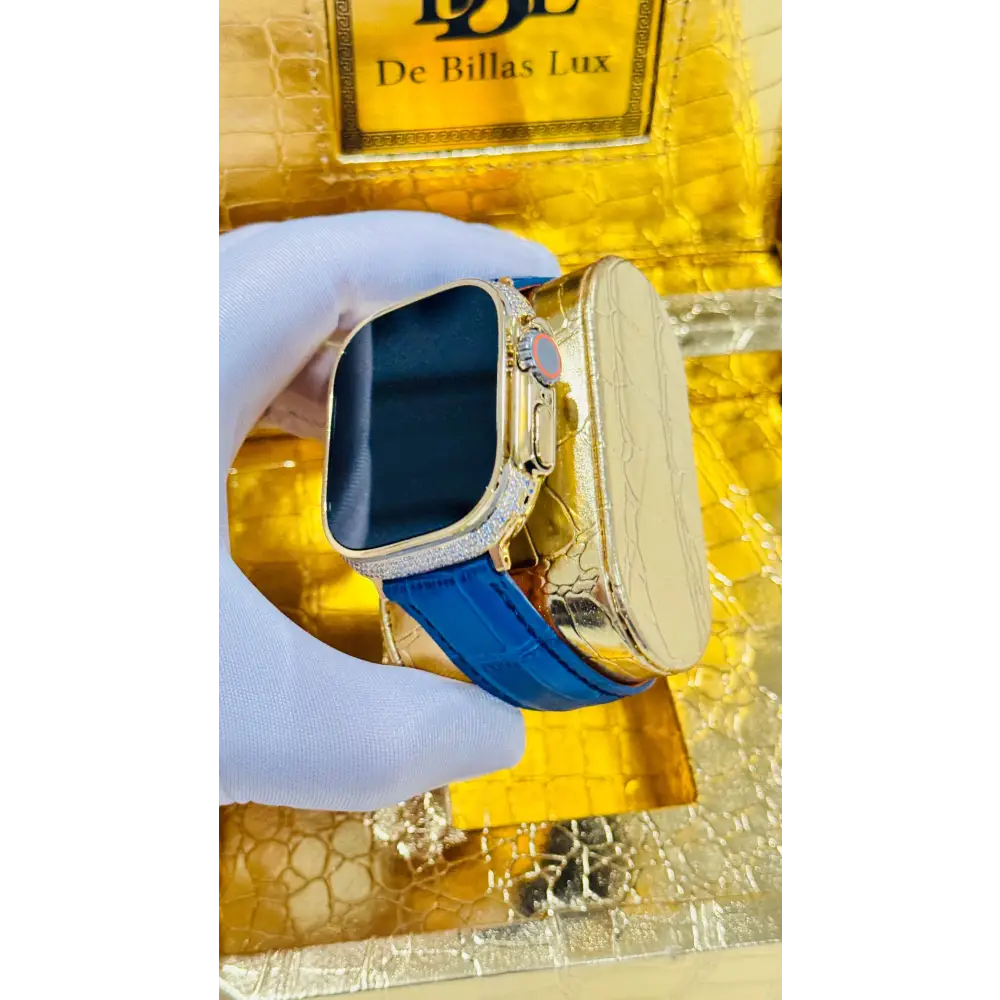 Custom 24K Gold Apple Watch Ultra 2 with Inlaid Diamonds & Blue Leather Band – Luxury Gift Box Included