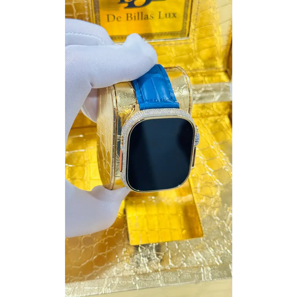 Custom 24K Gold Apple Watch Ultra 2 with Inlaid Diamonds & Blue Leather Band – Luxury Gift Box Included