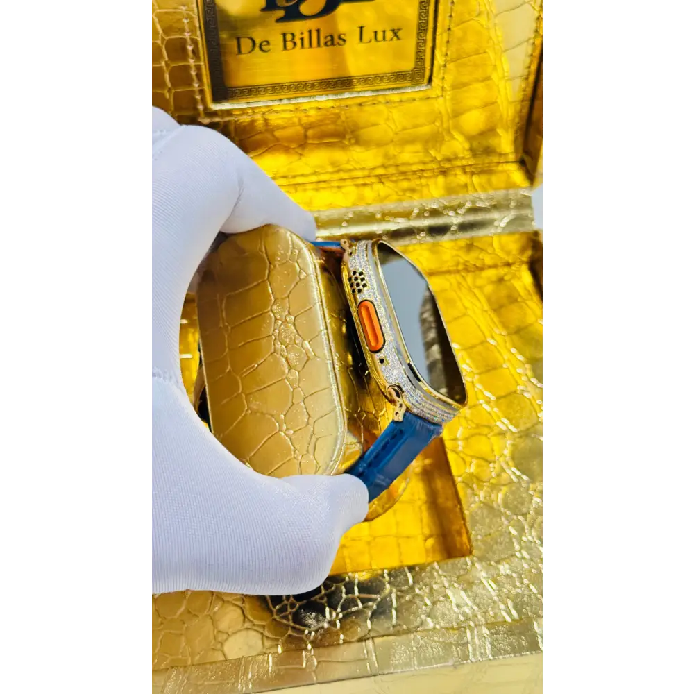 Custom 24K Gold Apple Watch Ultra 2 with Inlaid Diamonds & Blue Leather Band – Luxury Gift Box Included