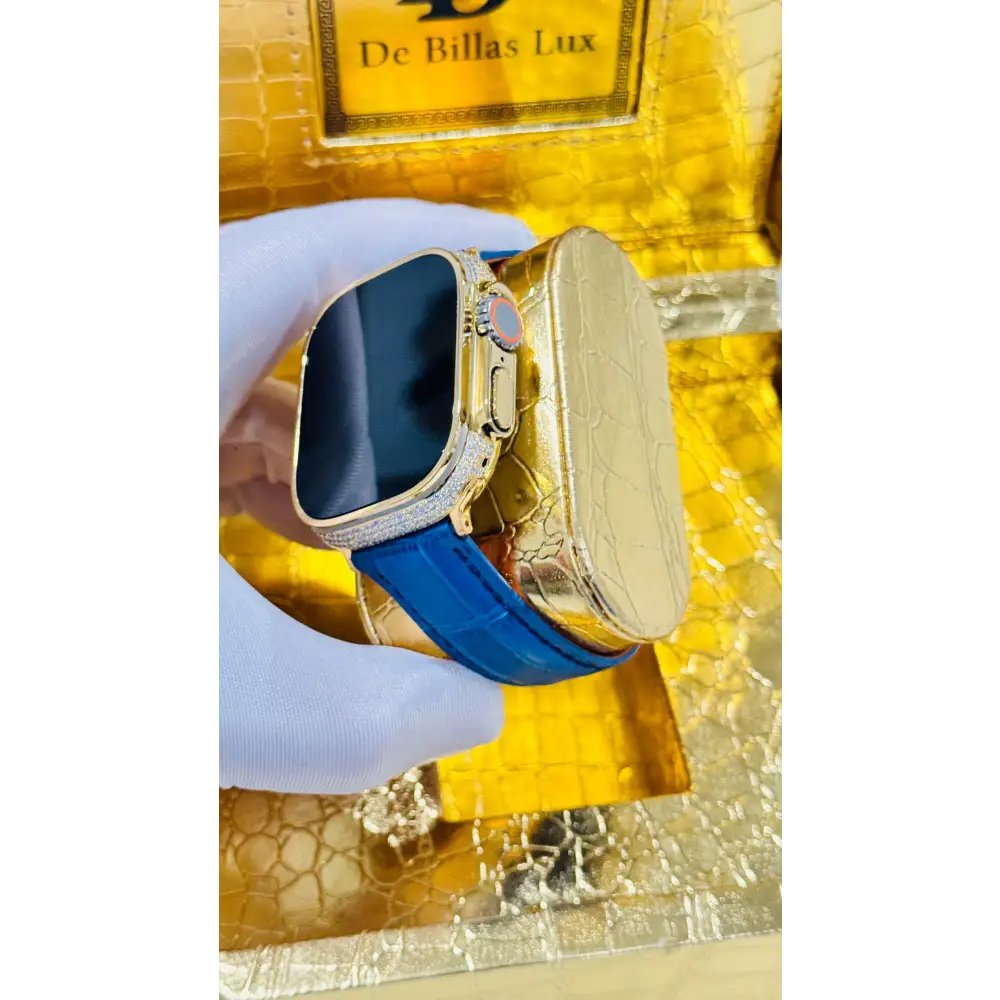 Custom 24K Gold Apple Watch Ultra 2 with Inlaid Diamonds & Blue Leather Band – Luxury Gift Box Included