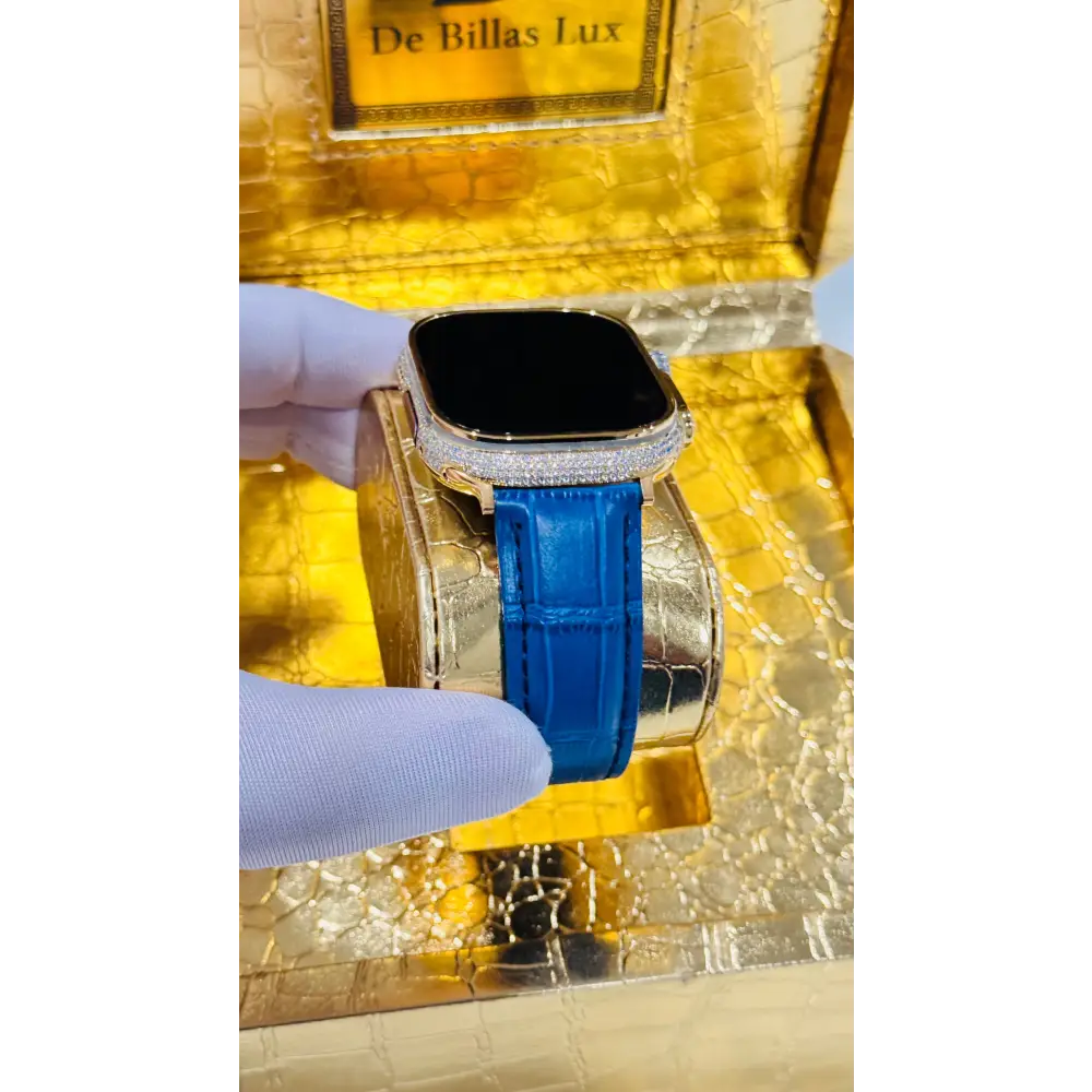 Custom 24K Gold Apple Watch Ultra 2 with Inlaid Diamonds & Blue Leather Band – Luxury Gift Box Included