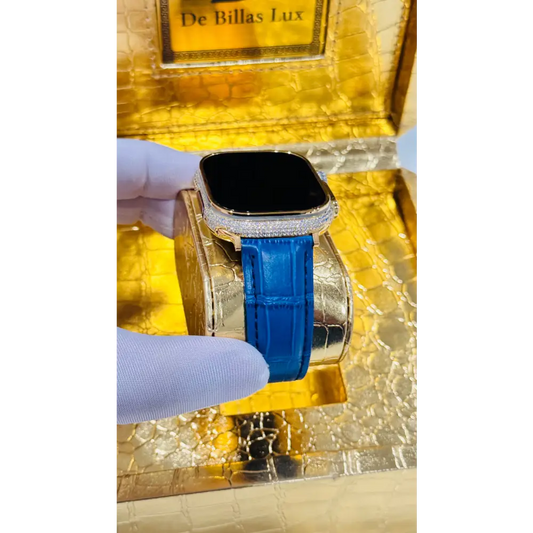 Custom 24K Gold Apple Watch Ultra 2 with Inlaid Diamonds & Blue Leather Band – Luxury Gift Box Included