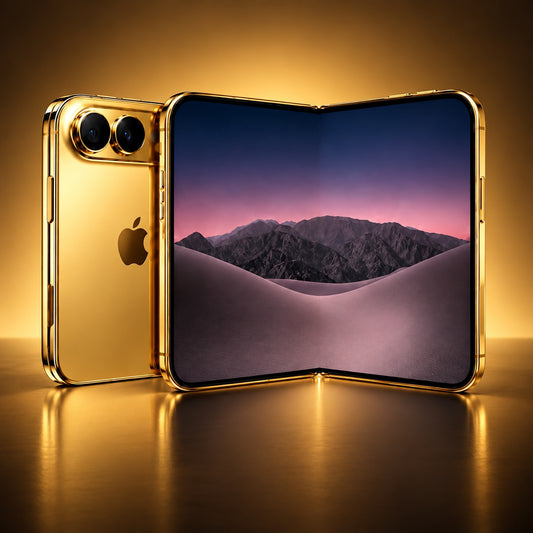 AI-generated rendering of the gold iPhone Duo open and closed against an amber backdrop