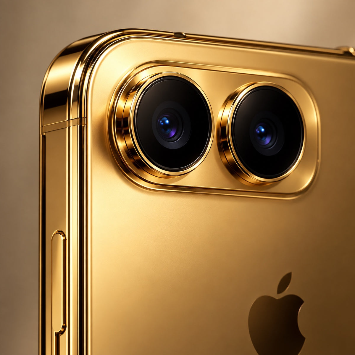 AI-generated close-up rendering of the gold-plated rear camera surround