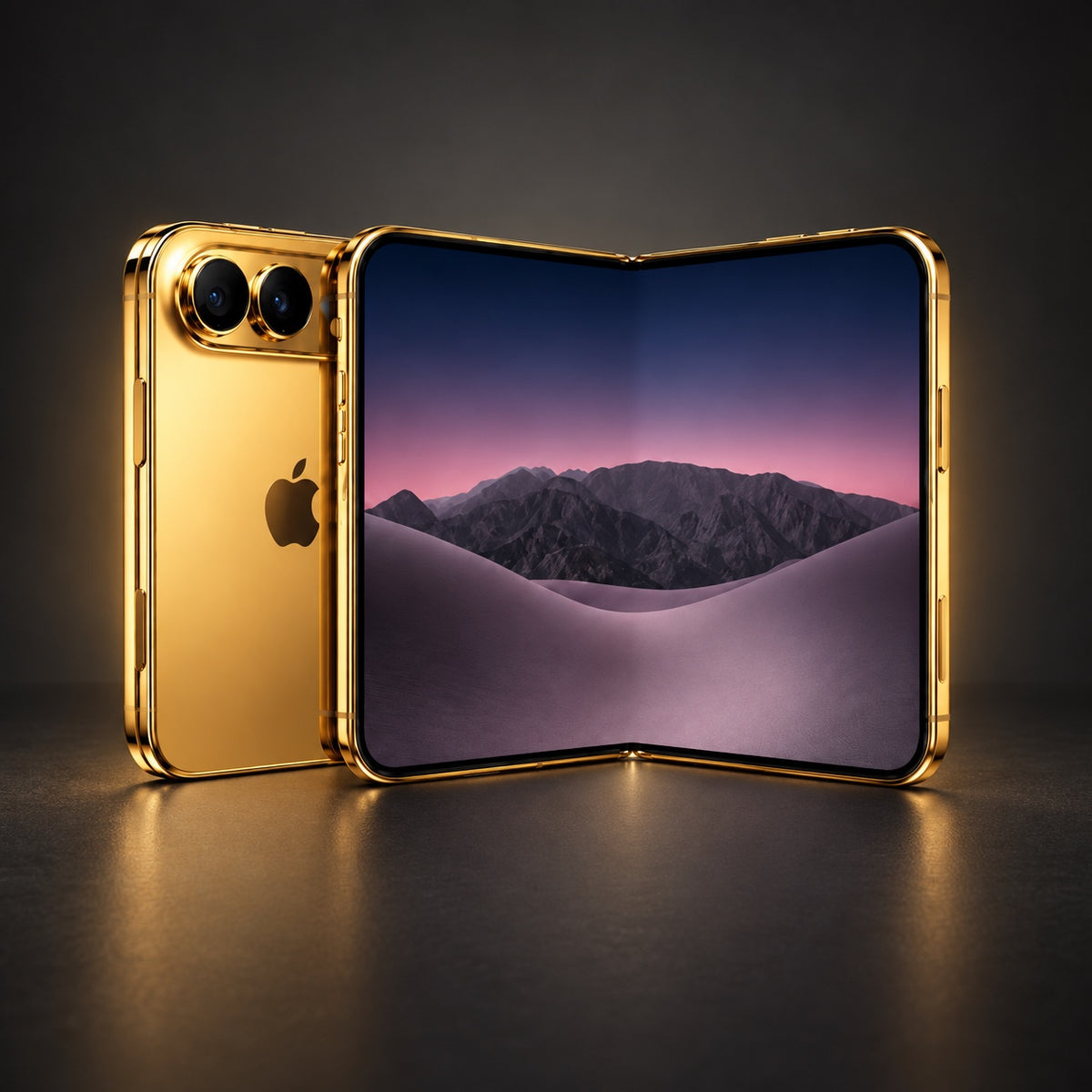 AI-generated rendering of the custom gold iPhone Duo on a dark background