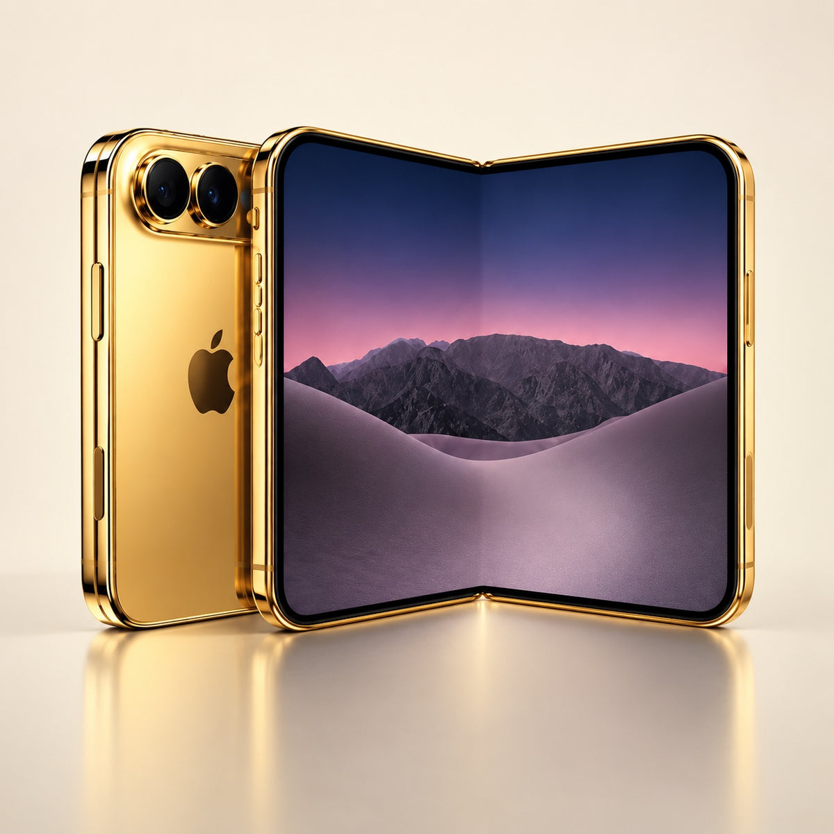 AI-generated rendering of custom 24K gold-plated iPhone Duo shown open and closed