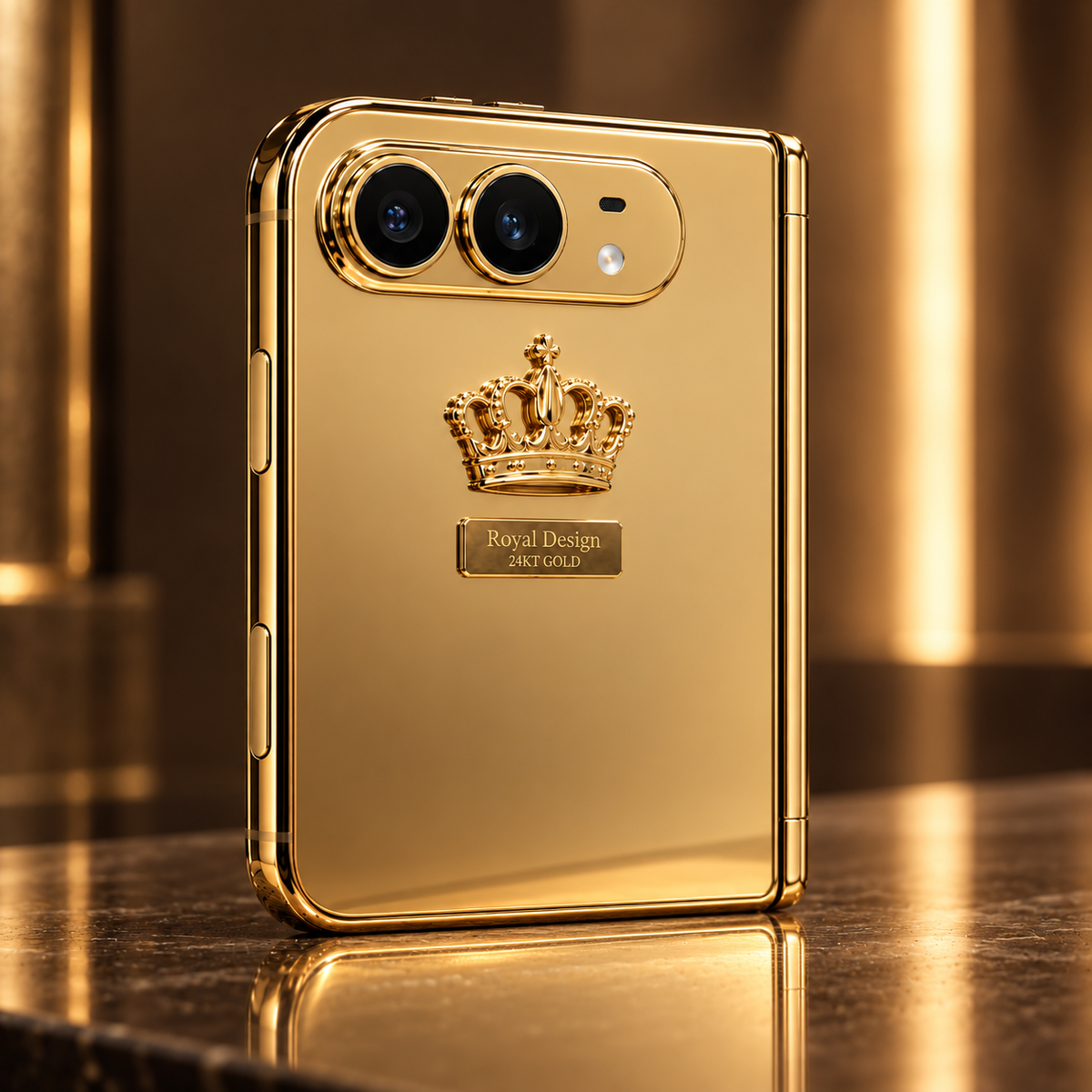 Royal Design gold iPhone Duo on a bronze display — AI design rendering
