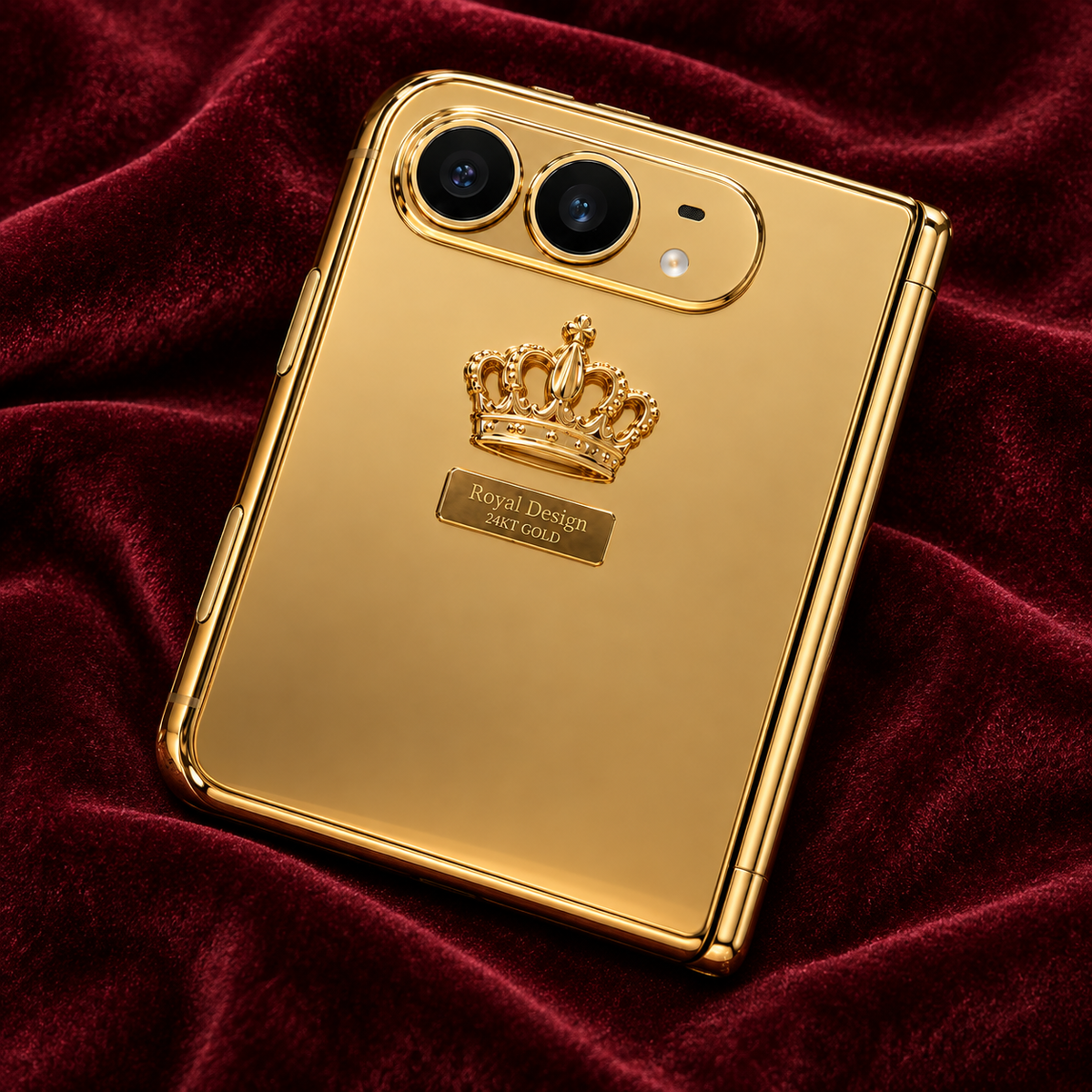 Royal Design gold iPhone Duo on burgundy velvet — AI design rendering