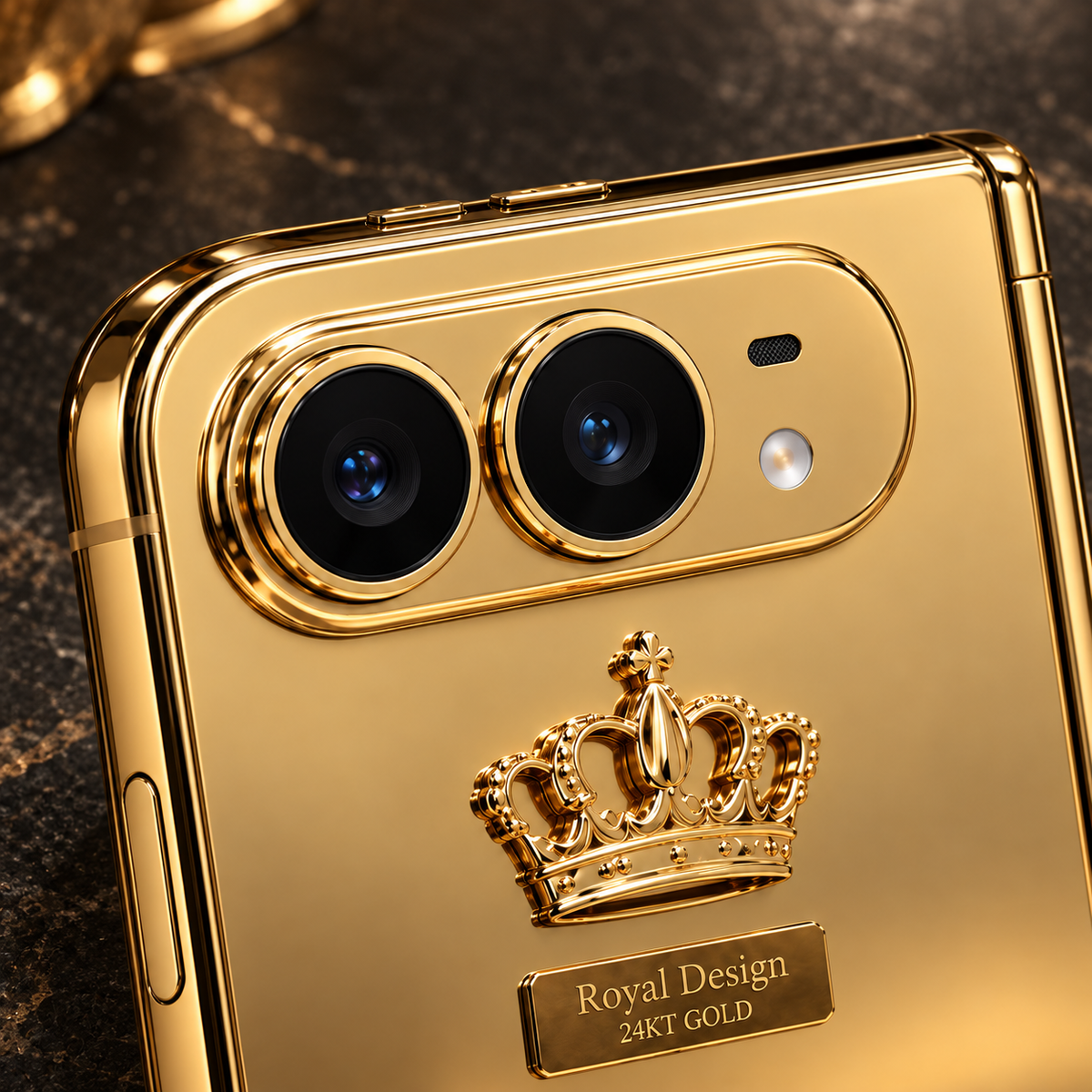 Royal Design gold iPhone Duo dual camera detail — AI design rendering