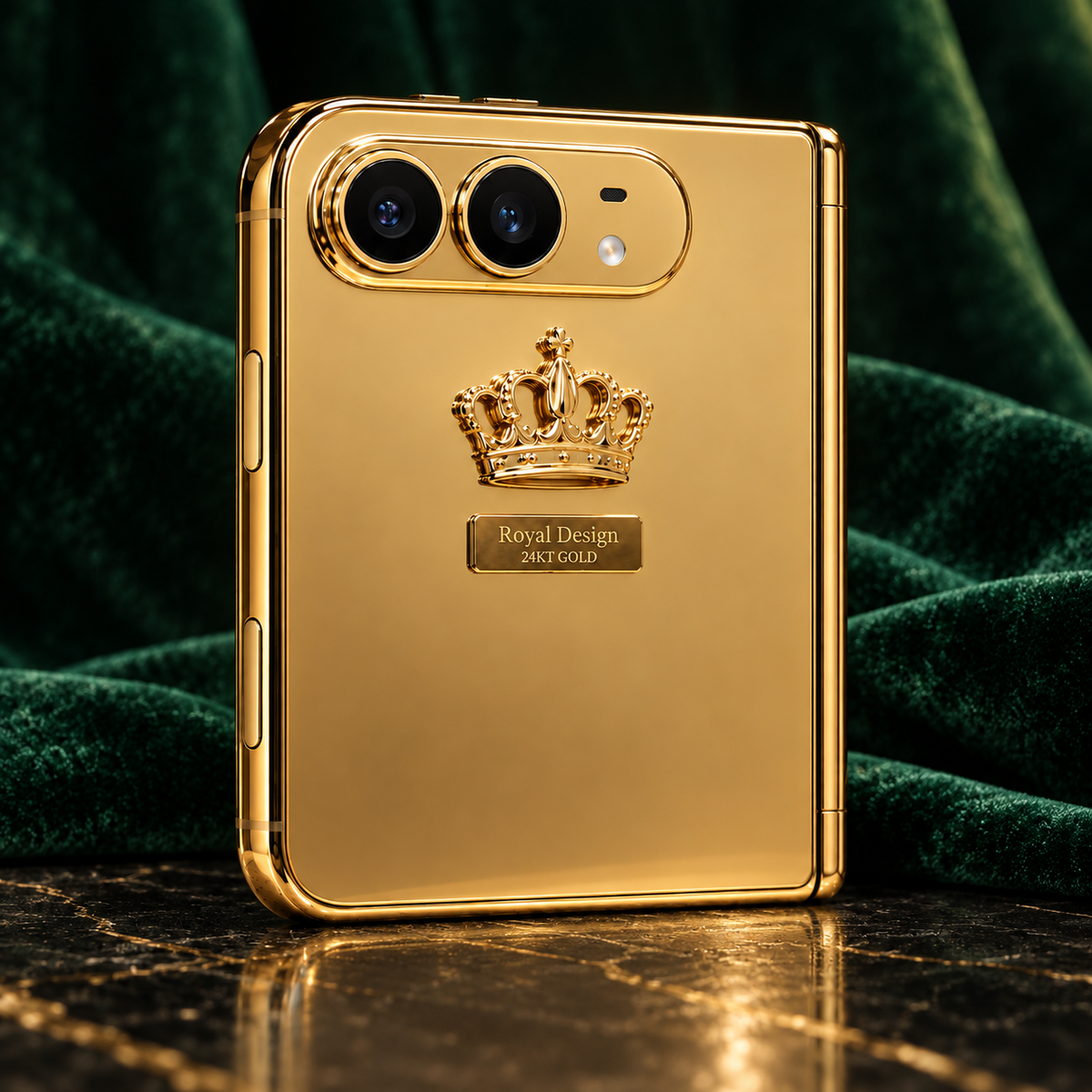 Royal Design gold iPhone Duo against emerald velvet — AI design rendering