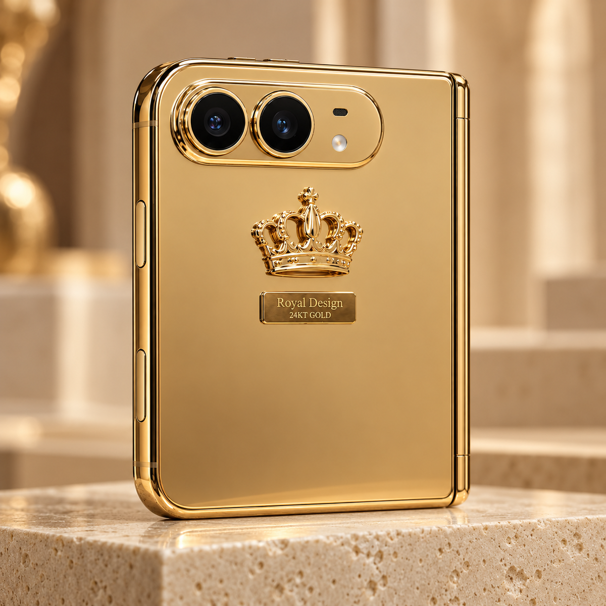 Custom 24K gold iPhone Duo Royal Design with crown on ivory display — design rendering