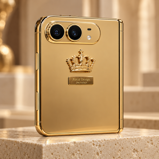 Custom 24K gold iPhone Duo Royal Design with crown on ivory display — design rendering