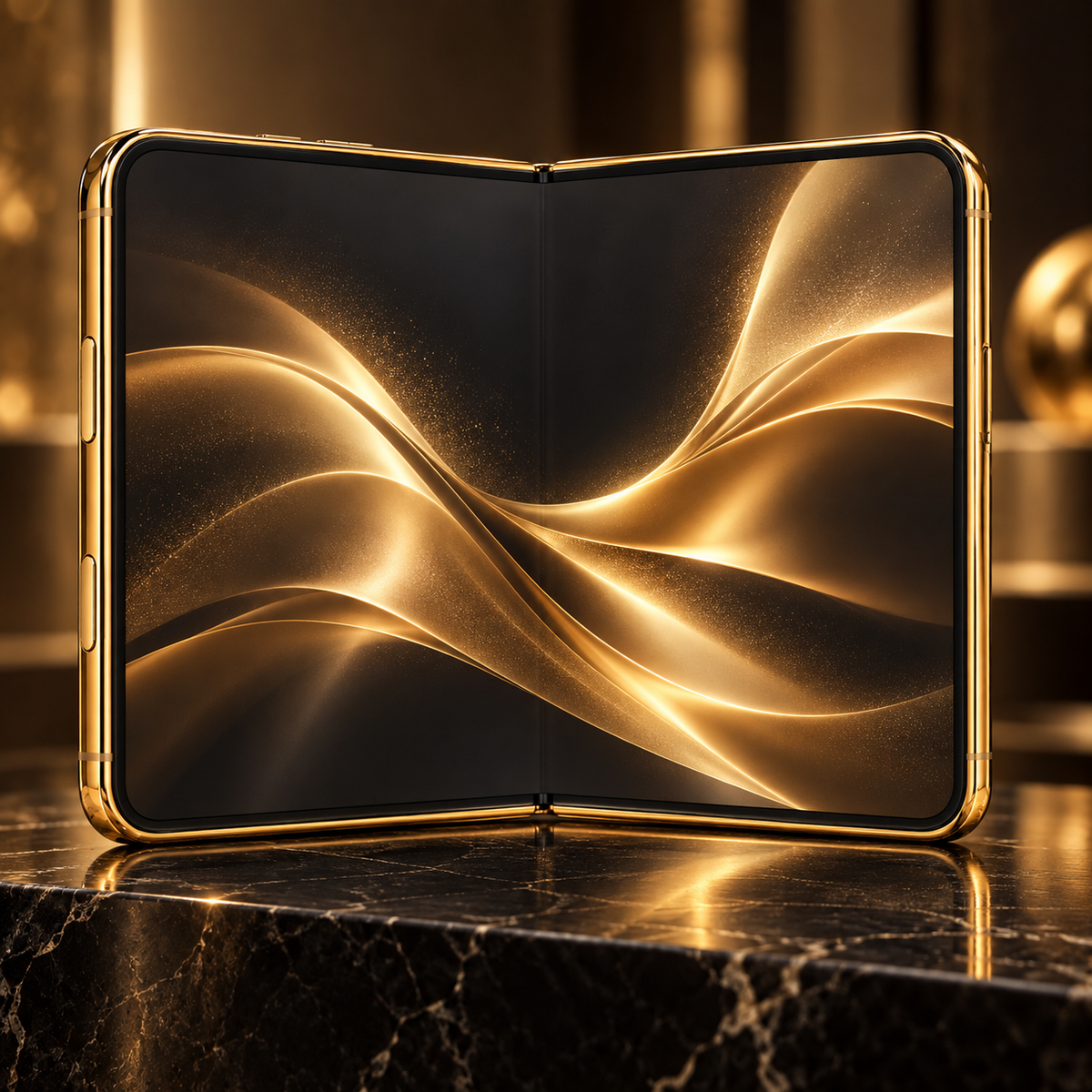 Royal Design gold iPhone Duo unfolded display — AI design rendering