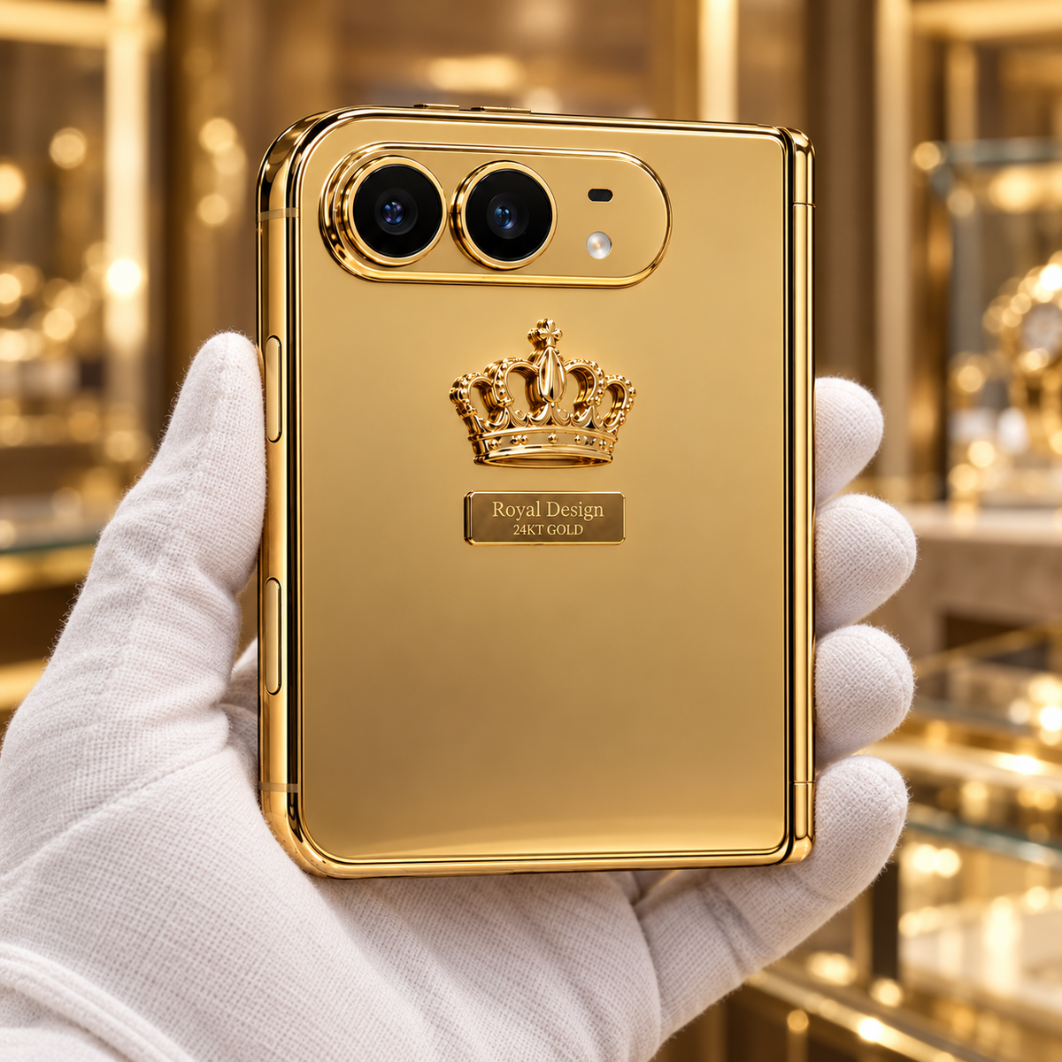 Royal Design gold iPhone Duo held in a white glove — AI design rendering
