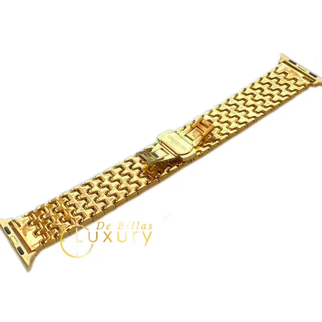 Custom 24k Gold Links Band with Butterly Buckle for Apple Watch Any Series Size 46mm 44mm 45mm 49mm