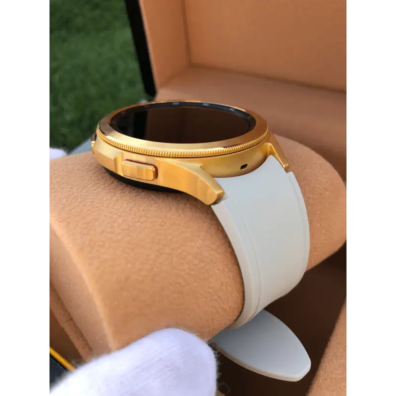 Custom 24k Gold Plated 46mm Samsung Galaxy Watch 4 with Gray Rubber Band – 2021 Release