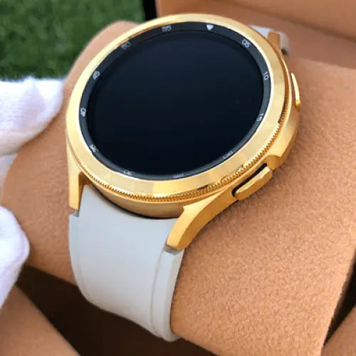 Custom 24k Gold Plated 46mm Samsung Galaxy Watch 4 with Gray Rubber Band – 2021 Release