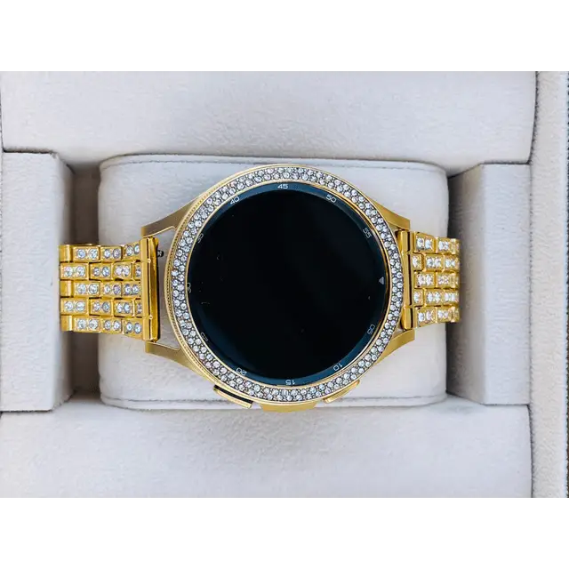 Custom 24k Gold Plated 46mm Samsung Galaxy Watch 4 with Gold Plated Bezel and Band Diamond Rhinestones incrustations